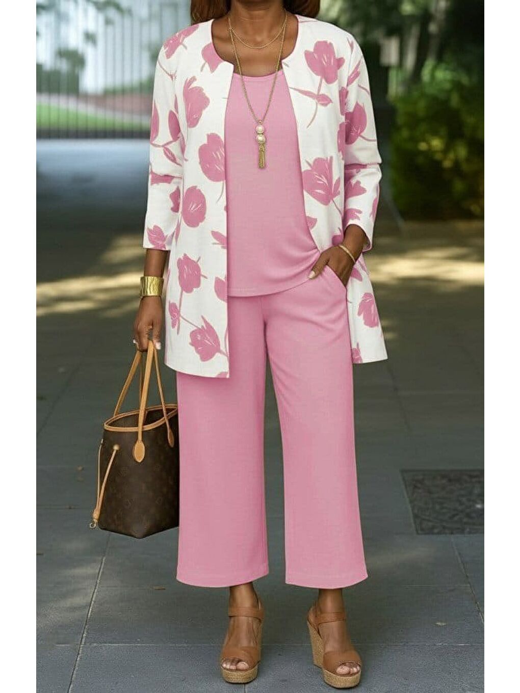 Pembe Kadın Uzun Kollu önü Açık Modal Ceket Kolsuz Viskon Iki Iplik Bluz Ve Pantolon üçlü Takım