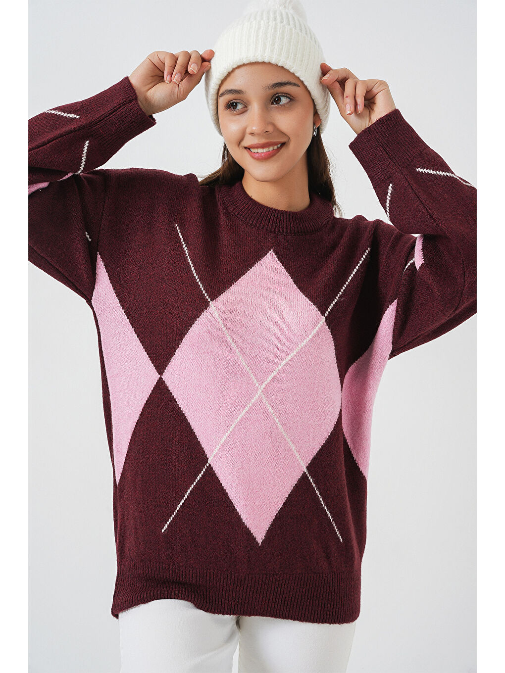 15895 Baklava Desenli Oversize Triko Kazak - Bordo