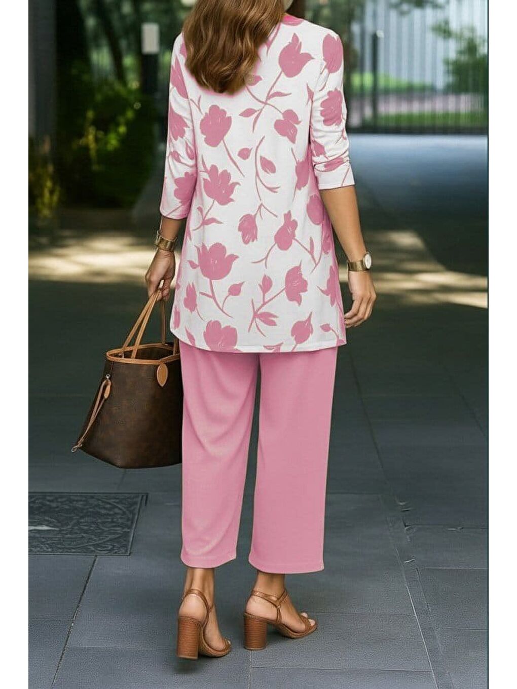 Pembe Kadın Uzun Kollu önü Açık Modal Ceket Kolsuz Viskon Iki Iplik Bluz Ve Pantolon üçlü Takım-1