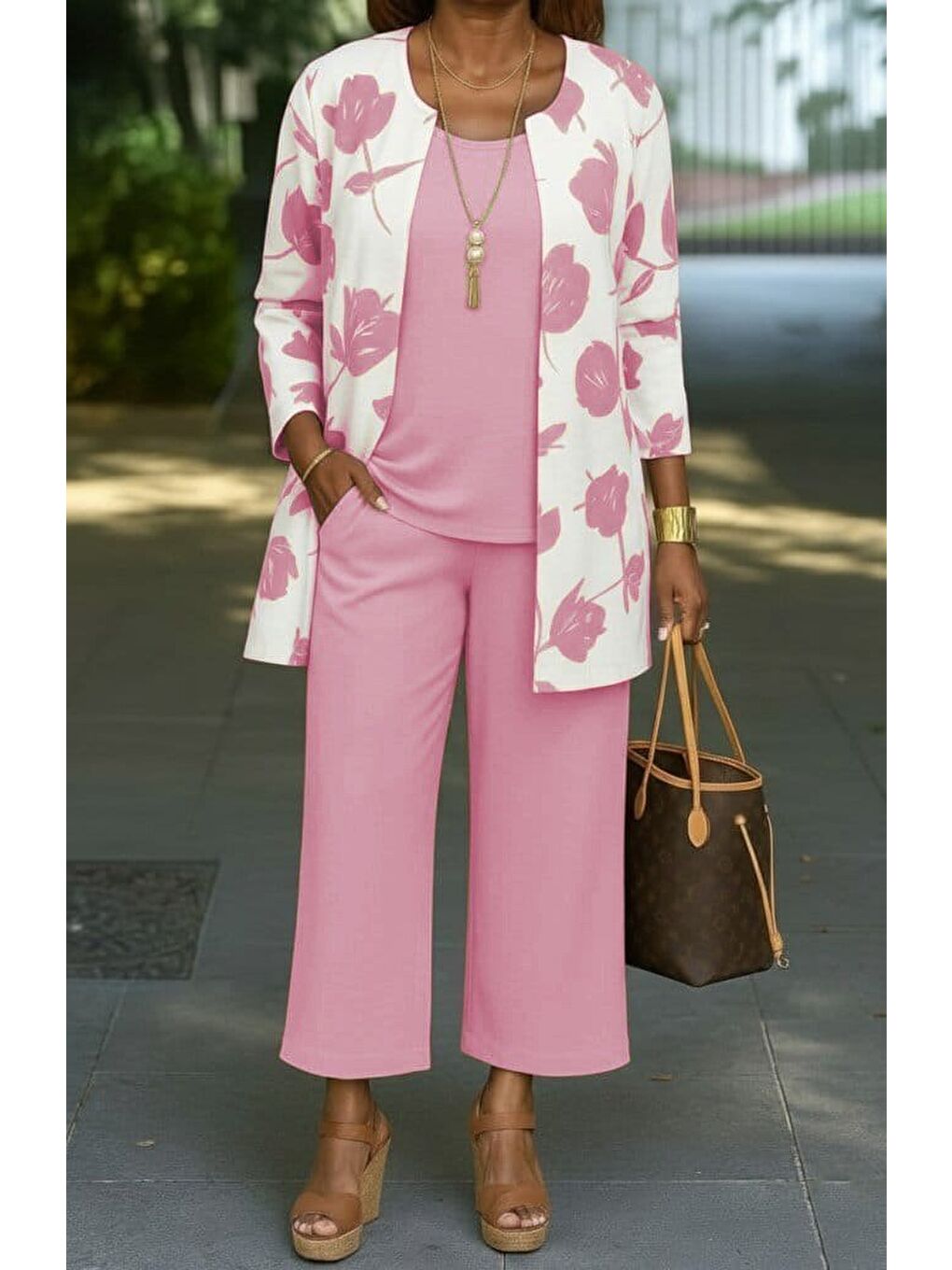 Pembe Kadın Uzun Kollu önü Açık Modal Ceket Kolsuz Viskon Iki Iplik Bluz Ve Pantolon üçlü Takım-2