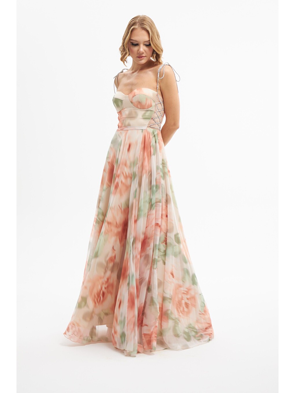 Turuncu Orange Empirme Desenli Yırtmaçlı Uzun Abiye Elbise-3