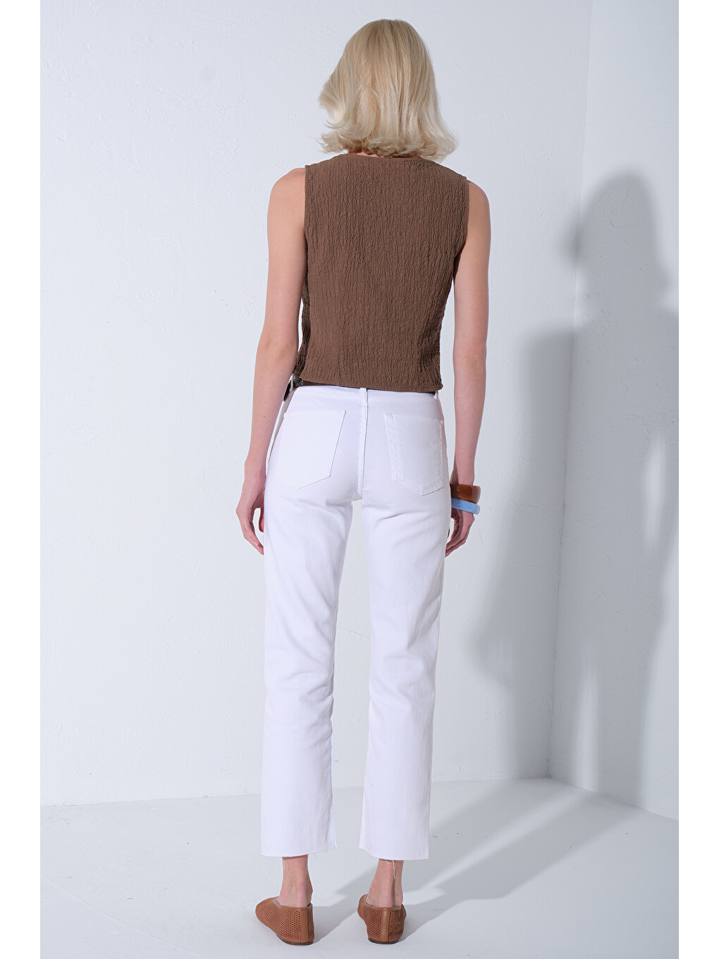 Beyaz Esnek Pamuklu Kumaş Kesik Paça 5 cep Skinny Slim Kadın Jean Pantolon @Kosova-4