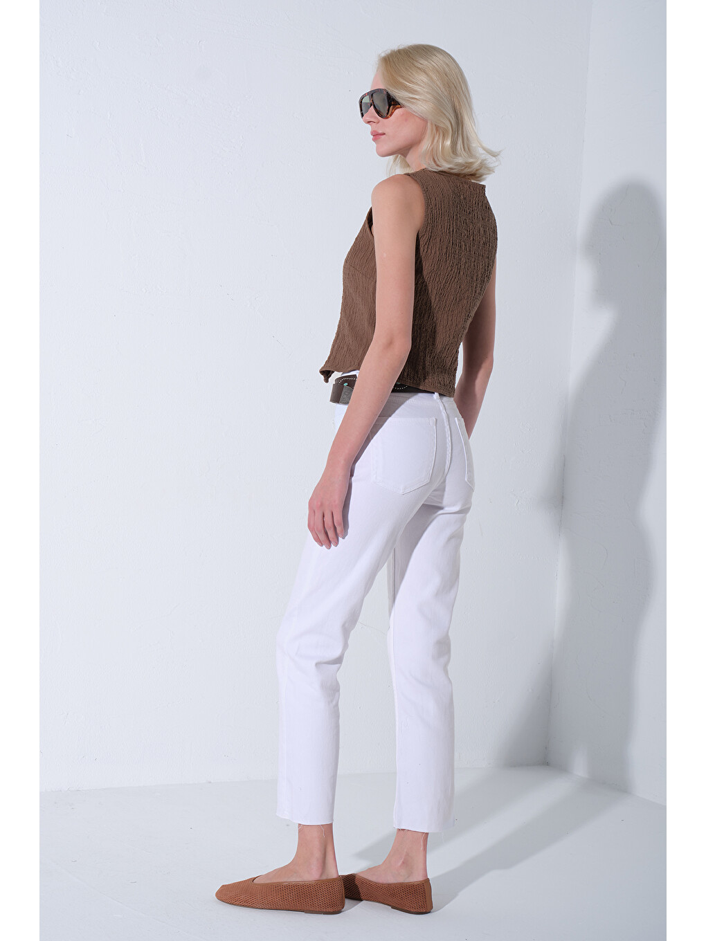 Beyaz Esnek Pamuklu Kumaş Kesik Paça 5 cep Skinny Slim Kadın Jean Pantolon @Kosova-5