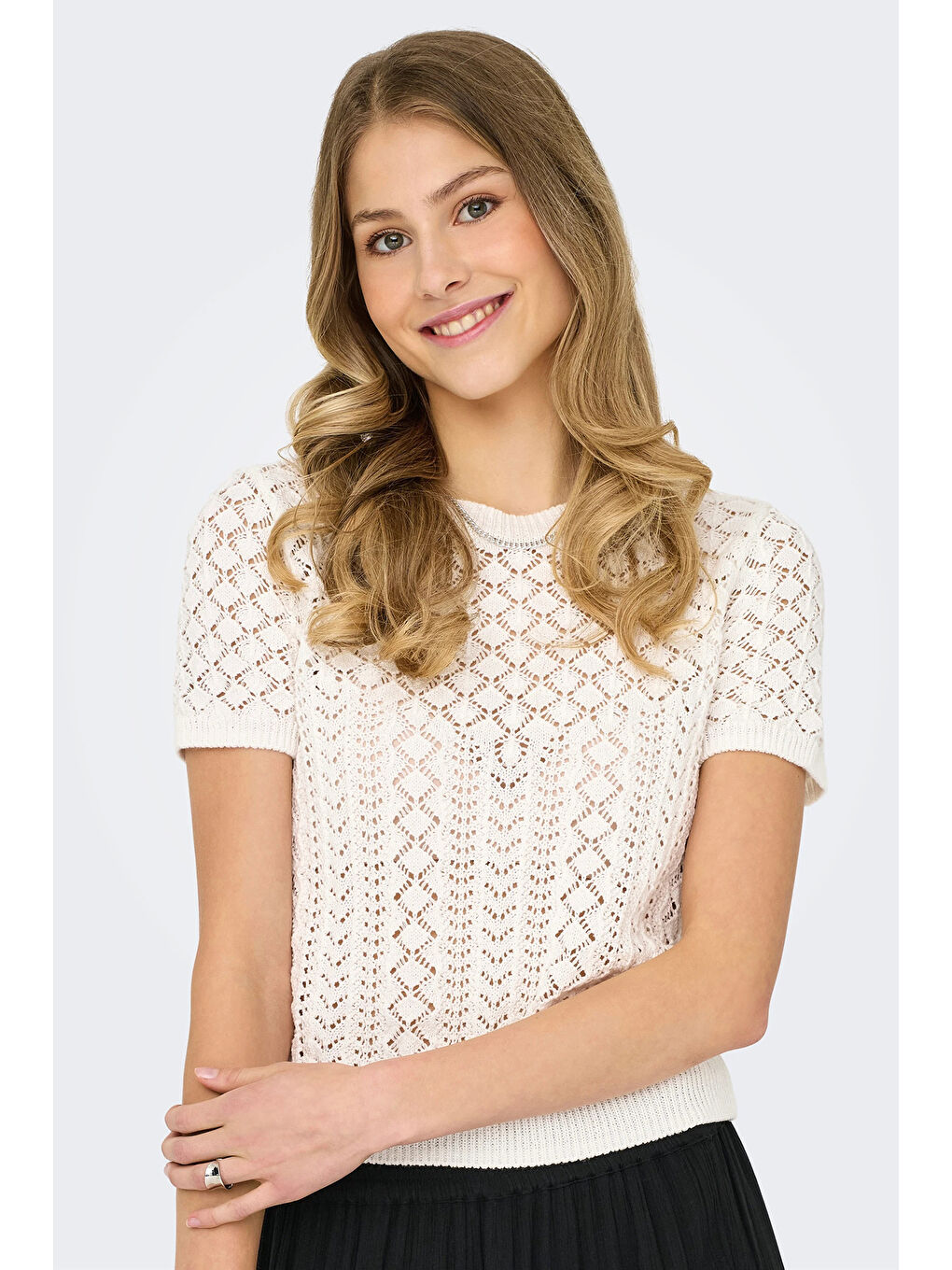 Ekru Onlsaga Pamuklu Regular Fit Bisiklet Yaka Örme Kadın Bluz 15339662-2