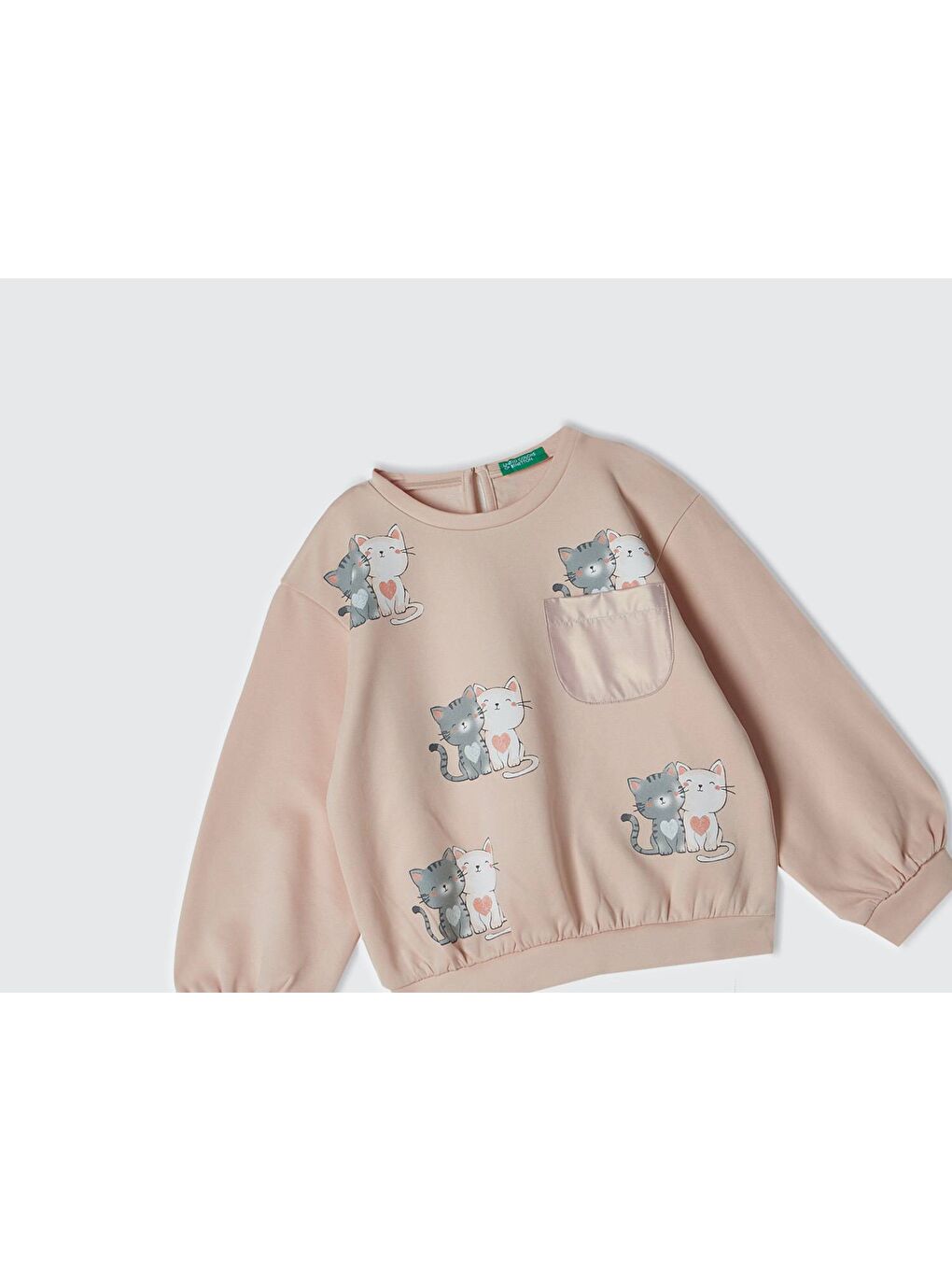 United Colors Of Benetton Kız Çocuk Toz Pembe Önü Baskılı Göğüs Cepli Arkası Damla Düşük Omuz Sweatshirt - 1