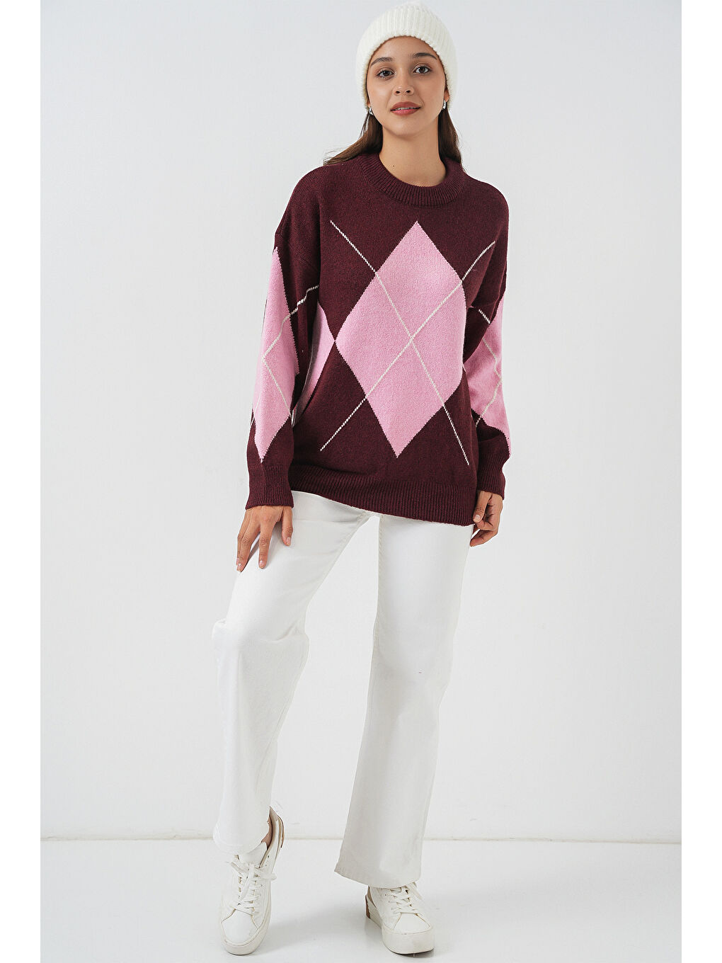 15895 Baklava Desenli Oversize Triko Kazak - Bordo-1