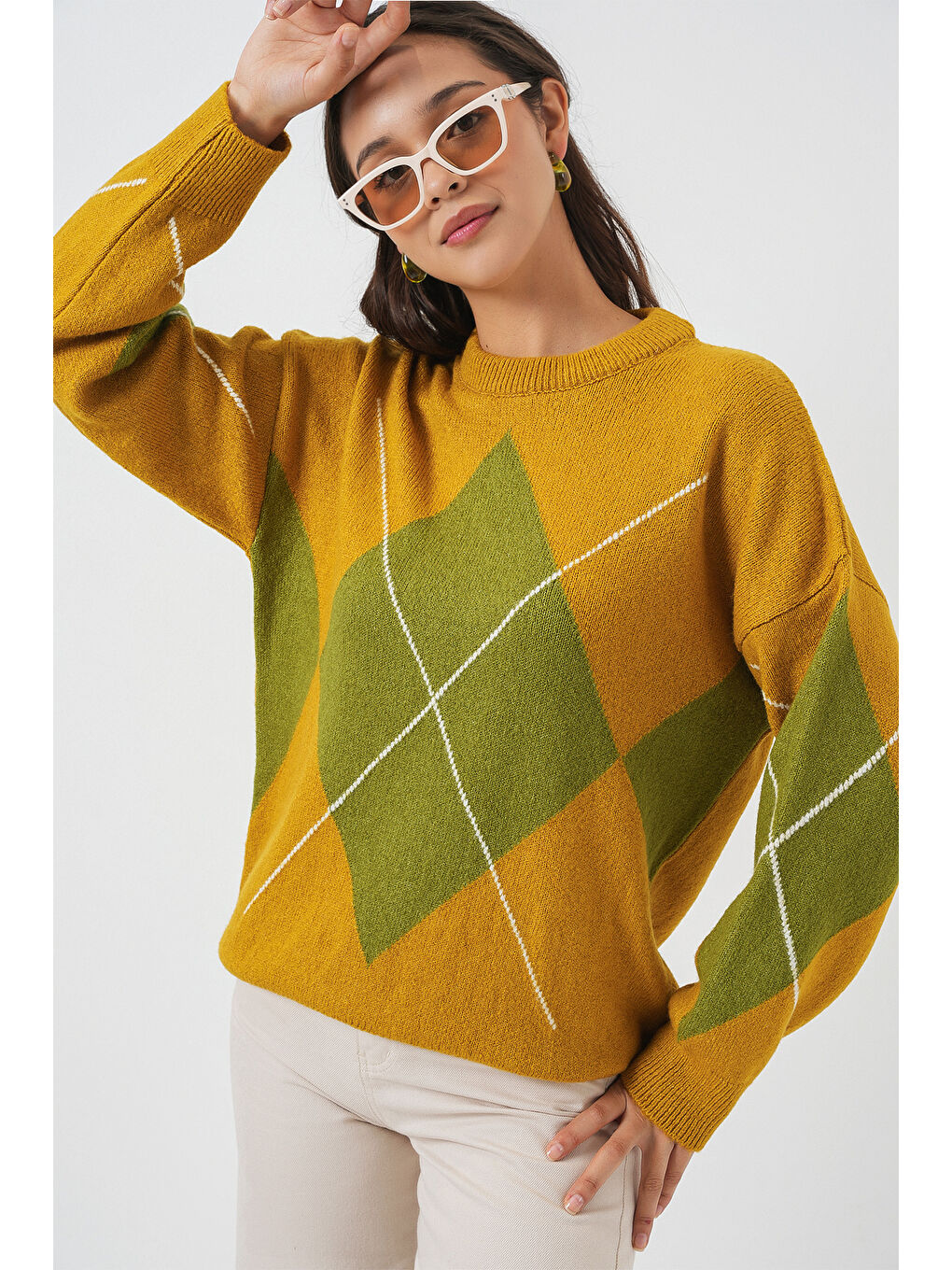 Sarı 15895 Baklava Desenli Oversize Triko Kazak - Hardal