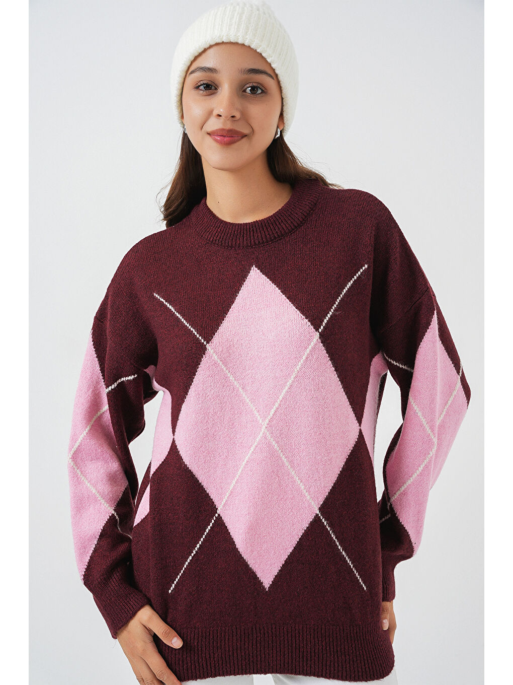 15895 Baklava Desenli Oversize Triko Kazak - Bordo-2