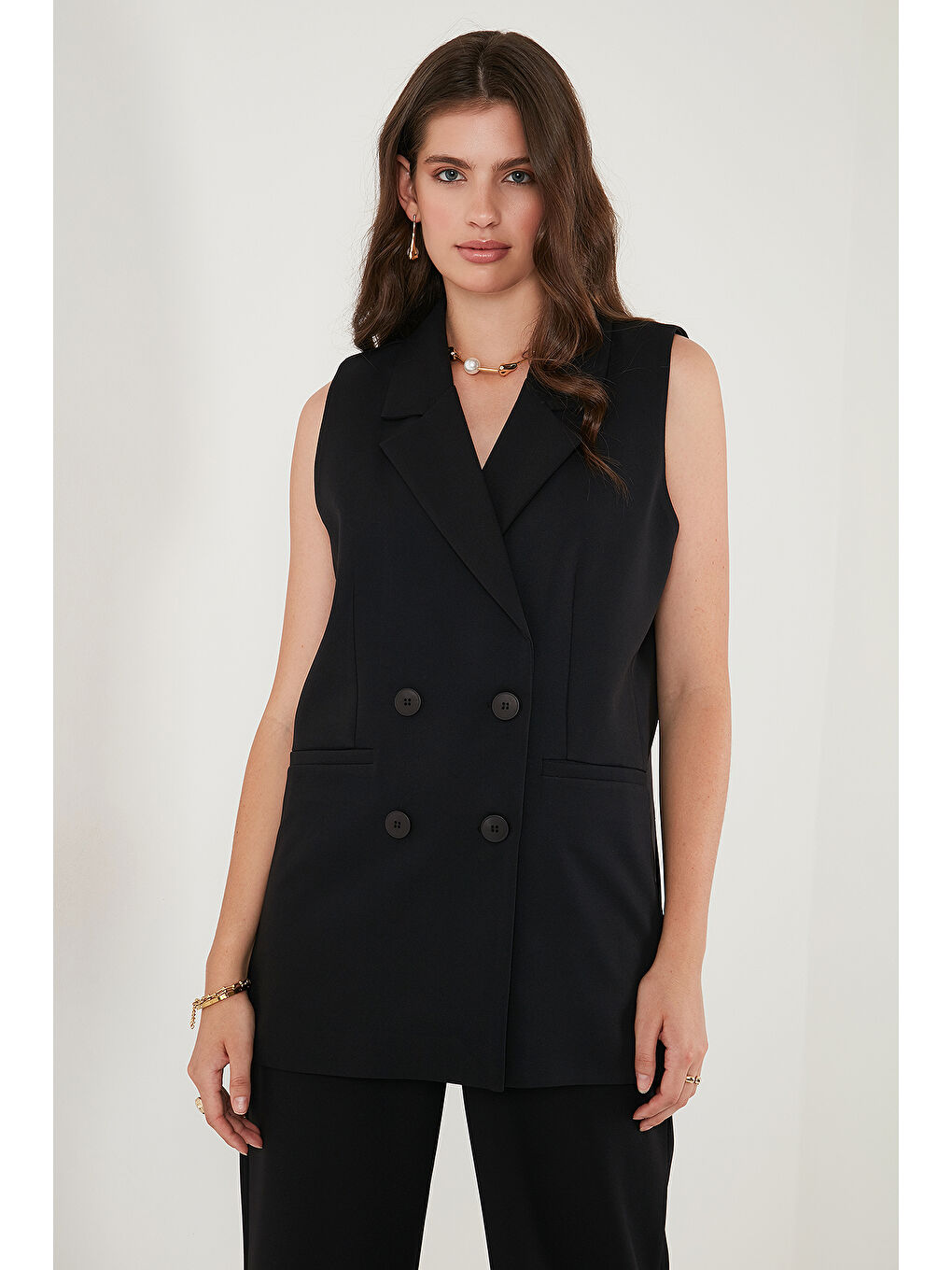 Siyah Oversize Fit Mono Yaka Kolsuz Düğmeli Kadın Ceket Yelek 6521177-2