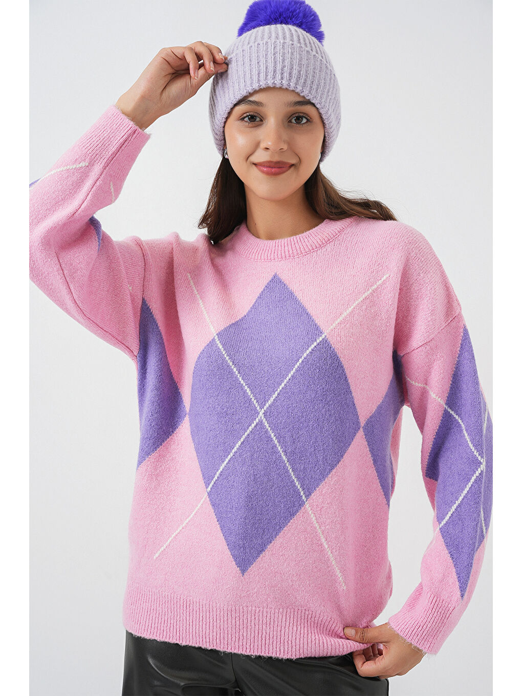 15895 Baklava Desenli Oversize Triko Kazak - Pembe