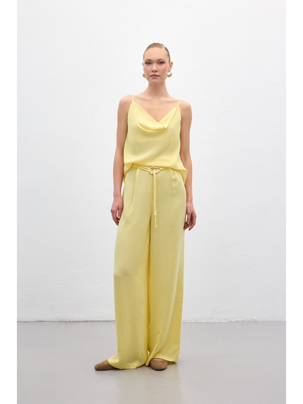 Kemerli Salaş Pantolon - Sarı-4