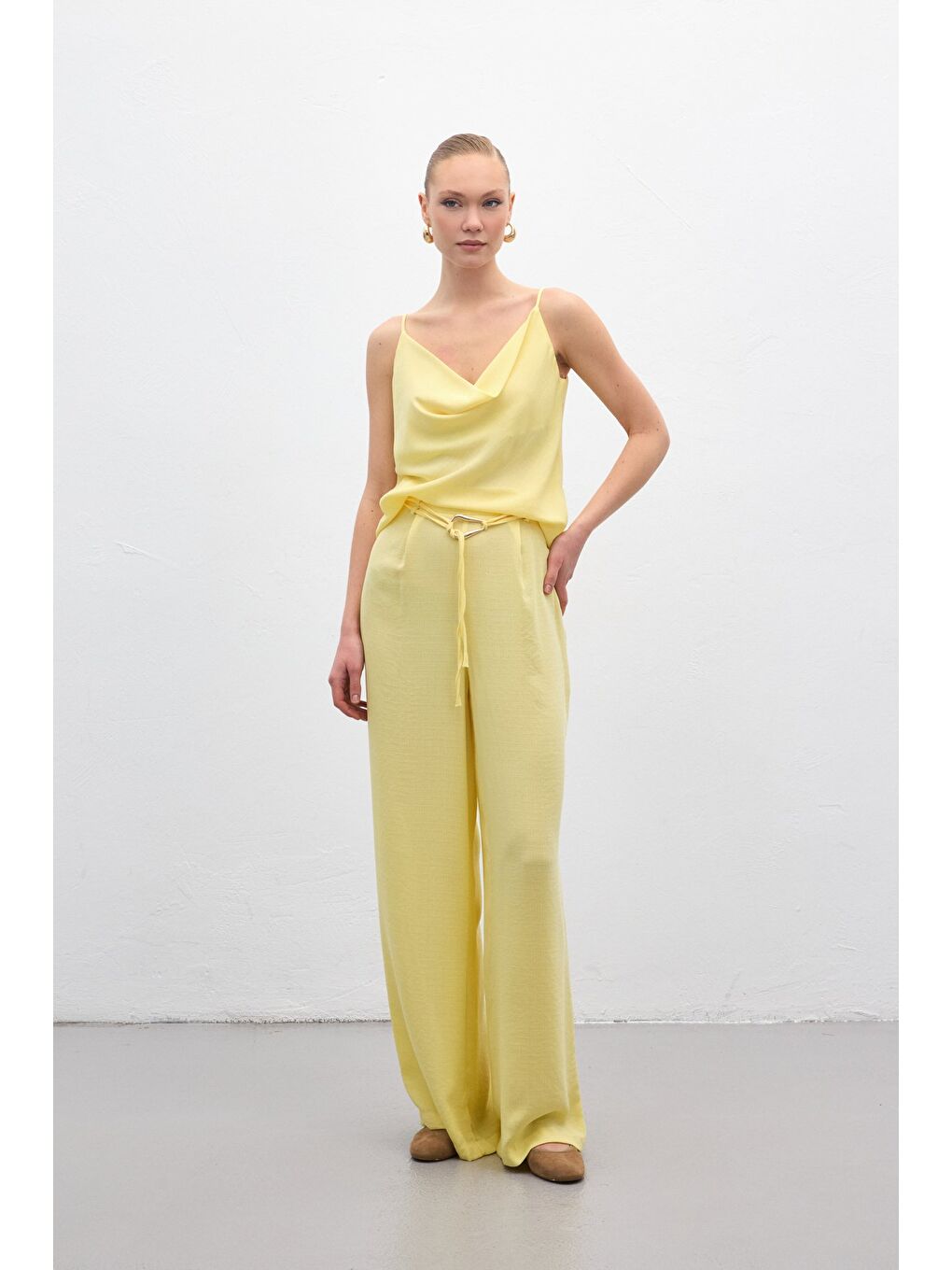 Kemerli Salaş Pantolon - Sarı-5