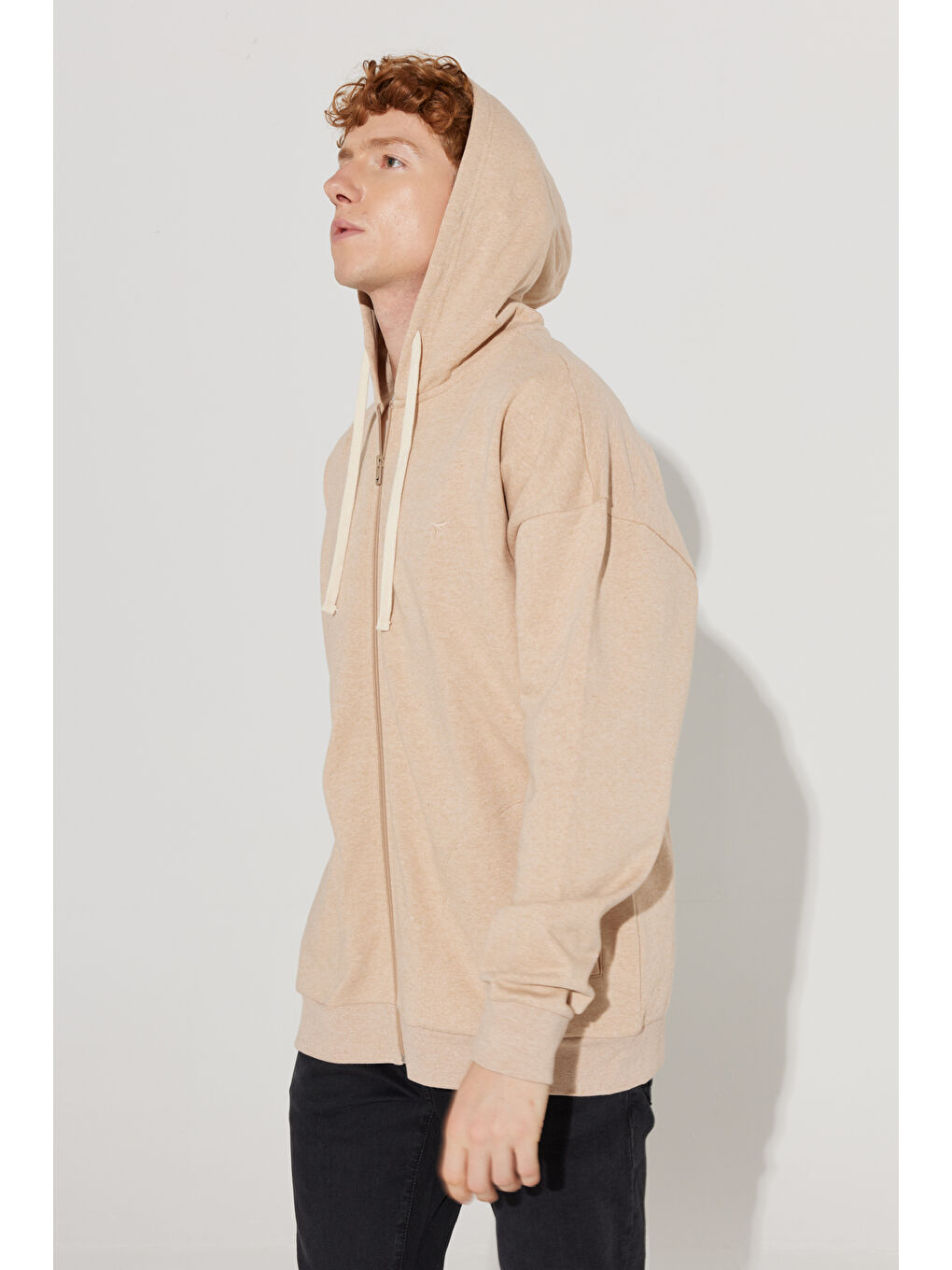 Kahverengi Erkek Sütlü Kahve Oversize Fit Bol Kesim Kapüşonlu Yaka %100 Pamuk Fermuarlı Sweatshirt-1