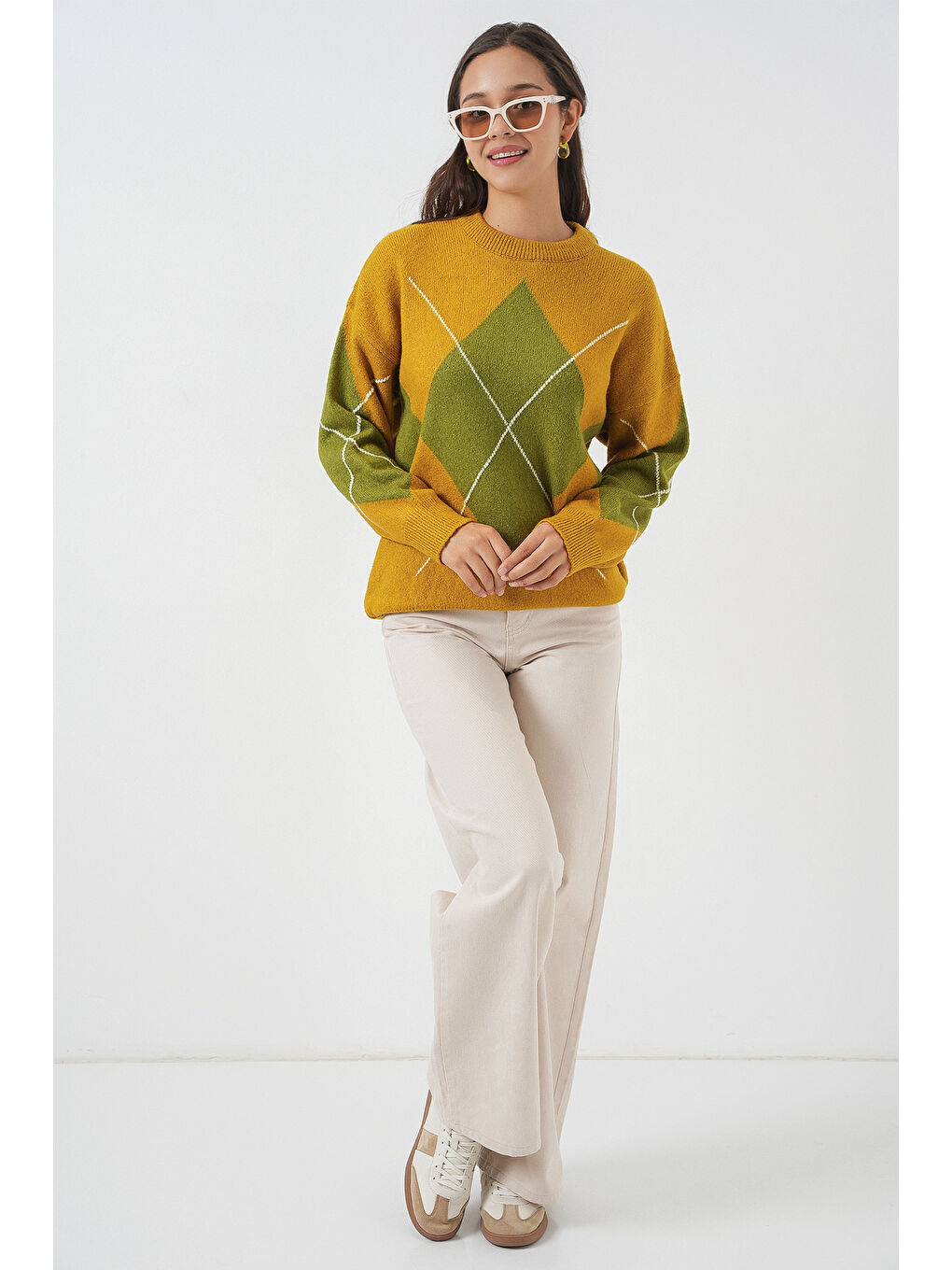 Sarı 15895 Baklava Desenli Oversize Triko Kazak - Hardal-1