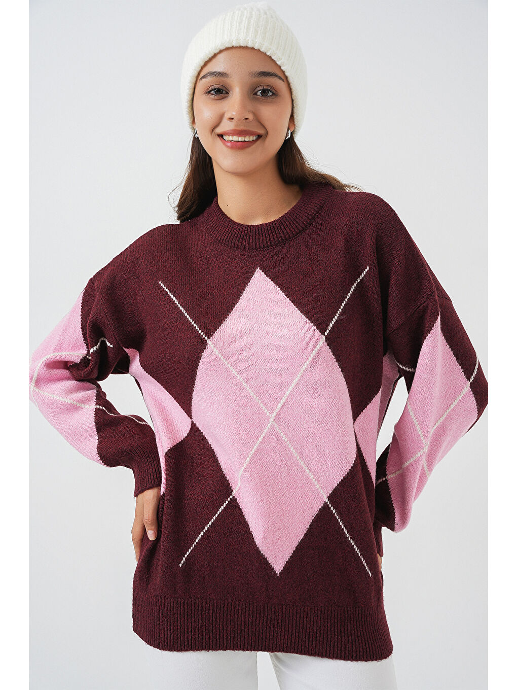 15895 Baklava Desenli Oversize Triko Kazak - Bordo-3