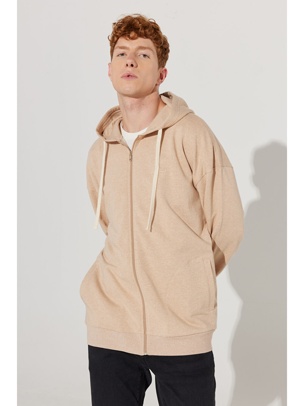 Kahverengi Erkek Sütlü Kahve Oversize Fit Bol Kesim Kapüşonlu Yaka %100 Pamuk Fermuarlı Sweatshirt-5