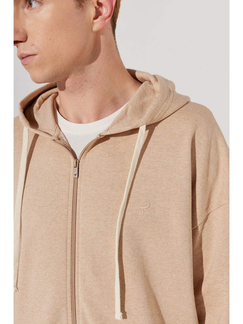 Kahverengi Erkek Sütlü Kahve Oversize Fit Bol Kesim Kapüşonlu Yaka %100 Pamuk Fermuarlı Sweatshirt-6