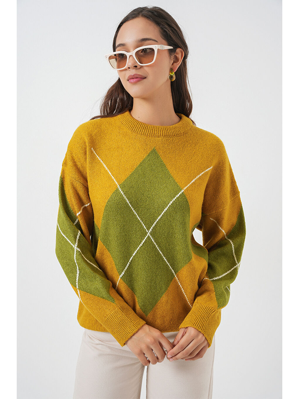 Sarı 15895 Baklava Desenli Oversize Triko Kazak - Hardal-2