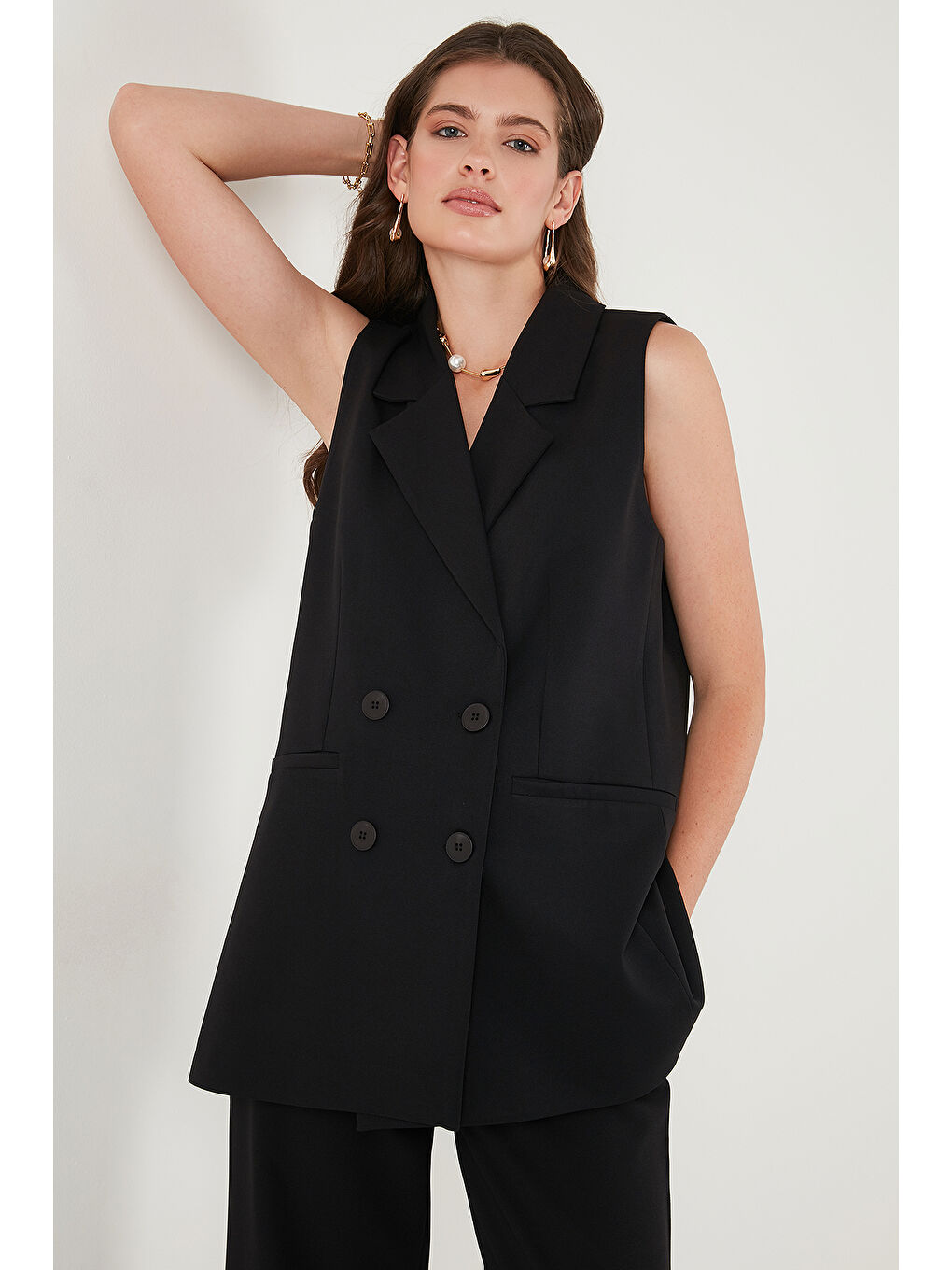 Siyah Oversize Fit Mono Yaka Kolsuz Düğmeli Kadın Ceket Yelek 6521177-3