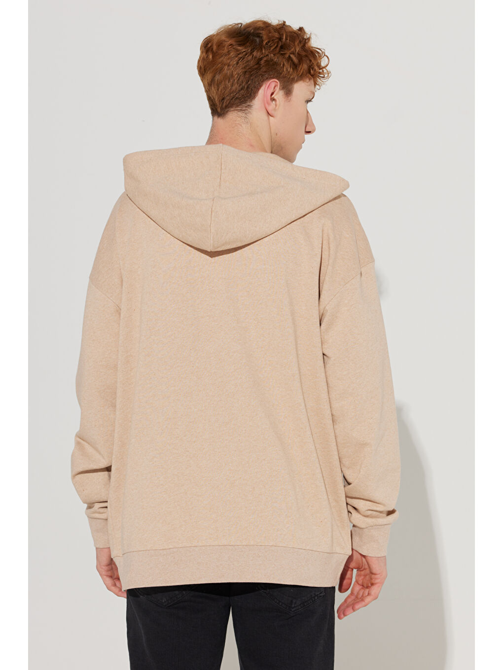 Kahverengi Erkek Sütlü Kahve Oversize Fit Bol Kesim Kapüşonlu Yaka %100 Pamuk Fermuarlı Sweatshirt-7