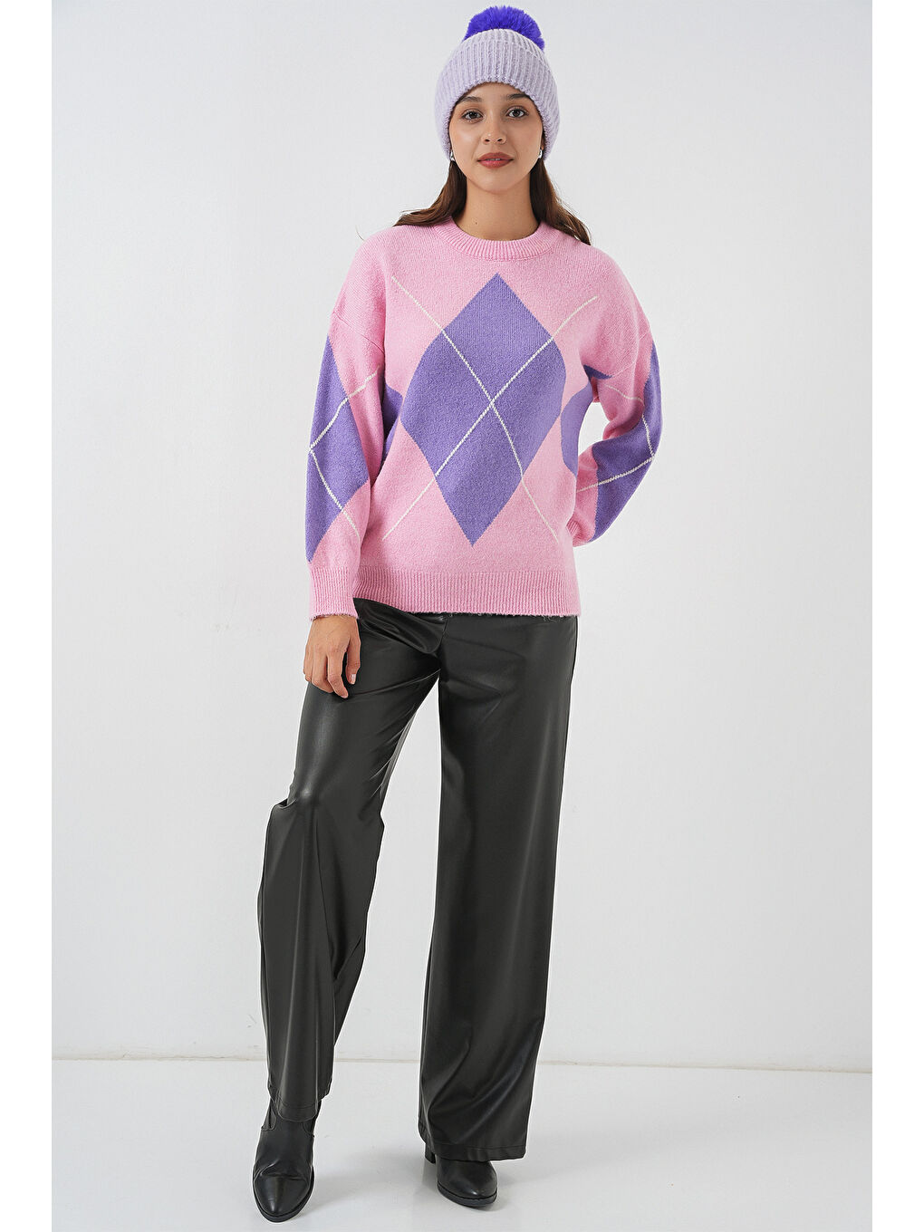 15895 Baklava Desenli Oversize Triko Kazak - Pembe-1