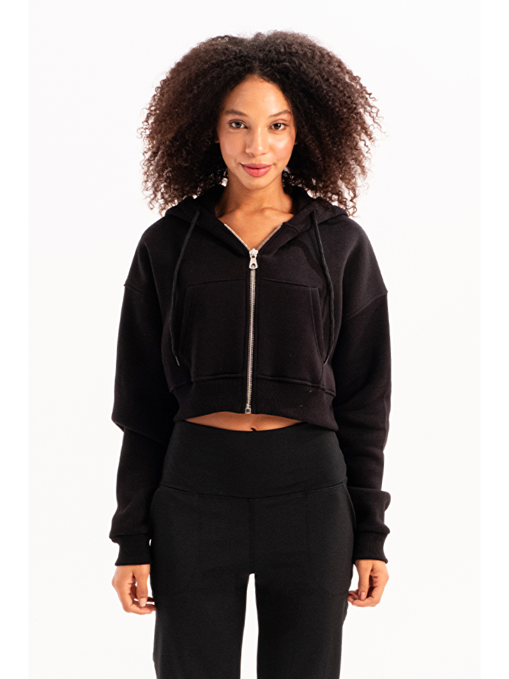 Crop Kapüşonlu Fermuarlı Kanguru Cepli Şardonlu Hoodie Kadın Sweatshirt Lumen Siyah