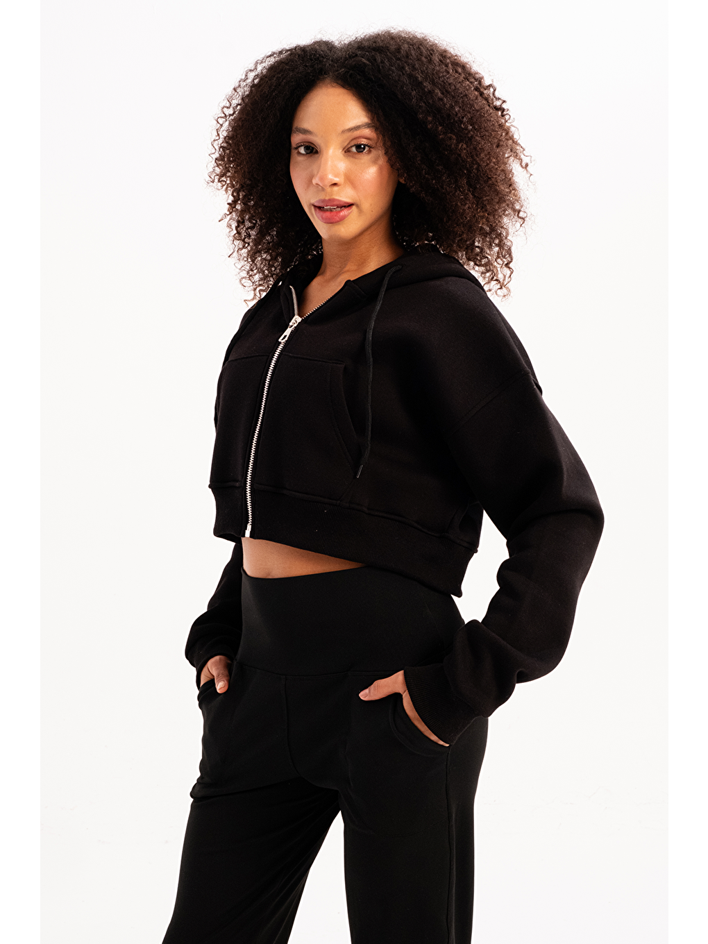 Crop Kapüşonlu Fermuarlı Kanguru Cepli Şardonlu Hoodie Kadın Sweatshirt Lumen Siyah-1