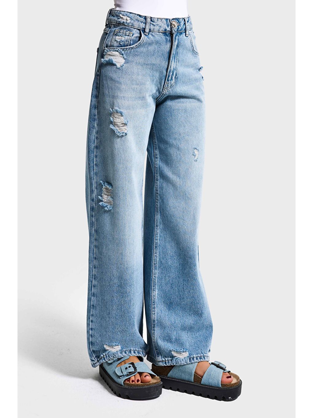 Mavi Kadın Jean Rengi 12s6-32 Mega Baggy Fit Yırtık Detaylı Denim Jean