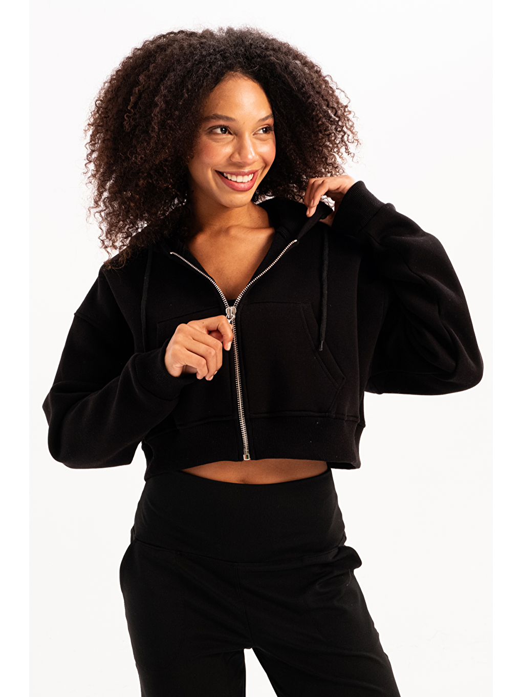 Crop Kapüşonlu Fermuarlı Kanguru Cepli Şardonlu Hoodie Kadın Sweatshirt Lumen Siyah-2