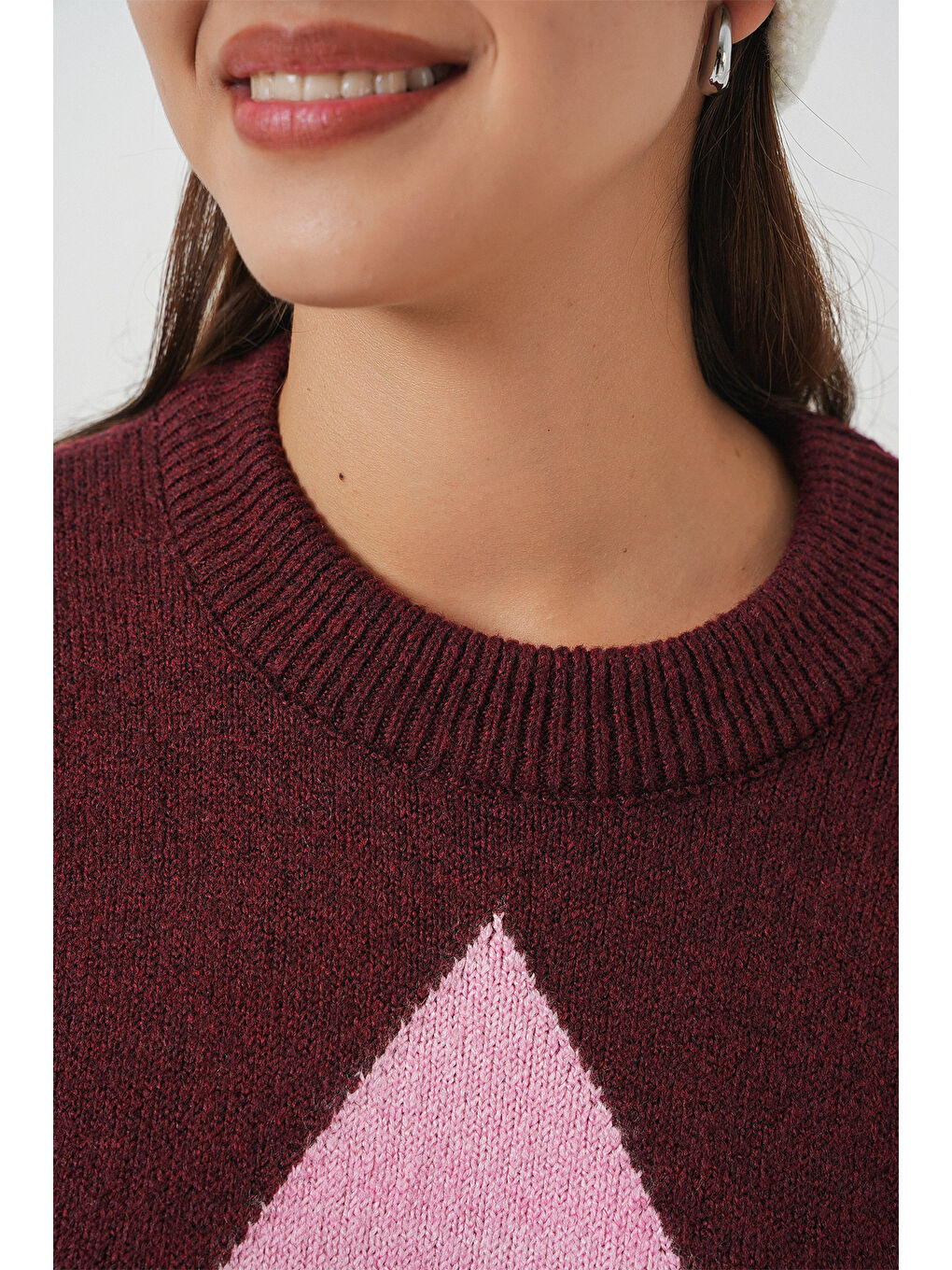 15895 Baklava Desenli Oversize Triko Kazak - Bordo-4