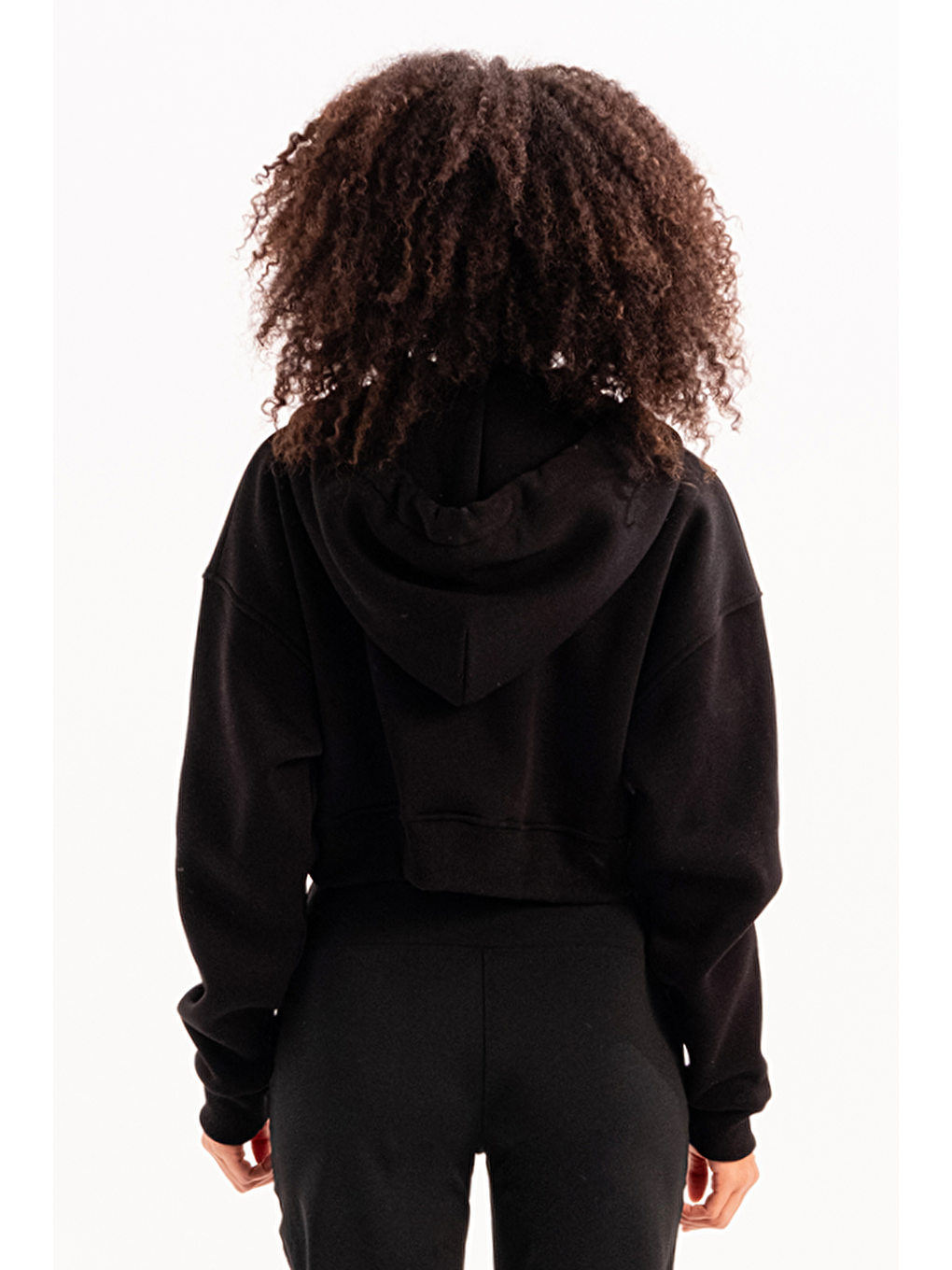 Crop Kapüşonlu Fermuarlı Kanguru Cepli Şardonlu Hoodie Kadın Sweatshirt Lumen Siyah-3