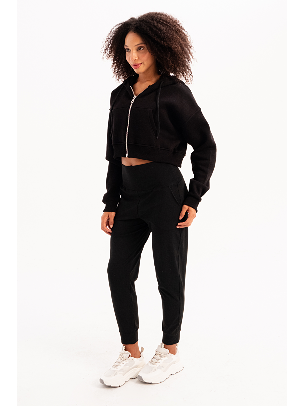 Crop Kapüşonlu Fermuarlı Kanguru Cepli Şardonlu Hoodie Kadın Sweatshirt Lumen Siyah-4