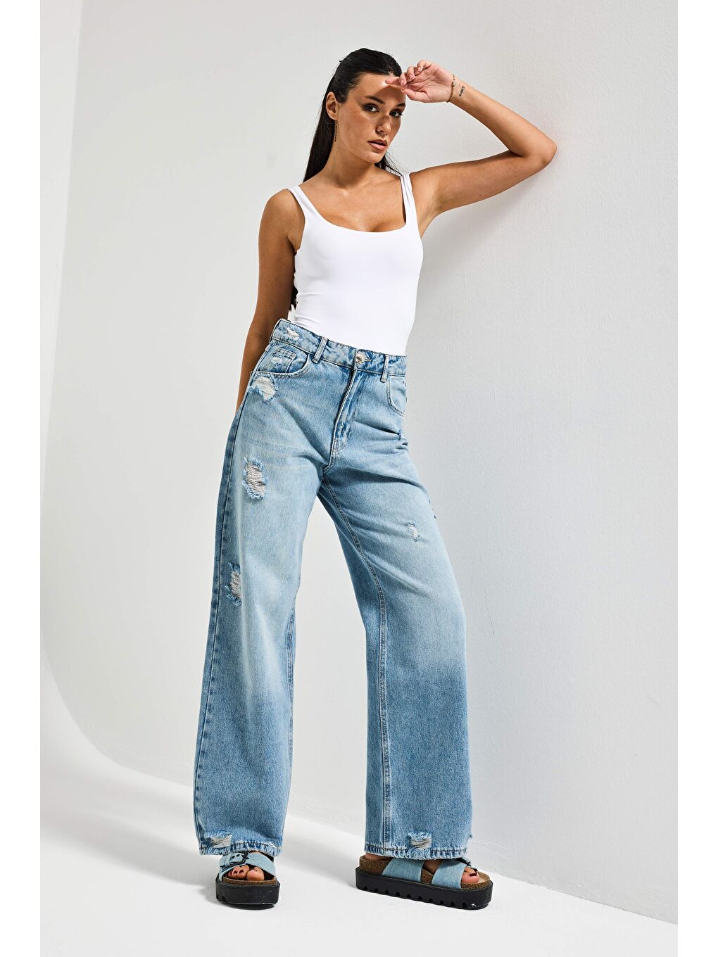 Mavi Kadın Jean Rengi 12s6-32 Mega Baggy Fit Yırtık Detaylı Denim Jean-2