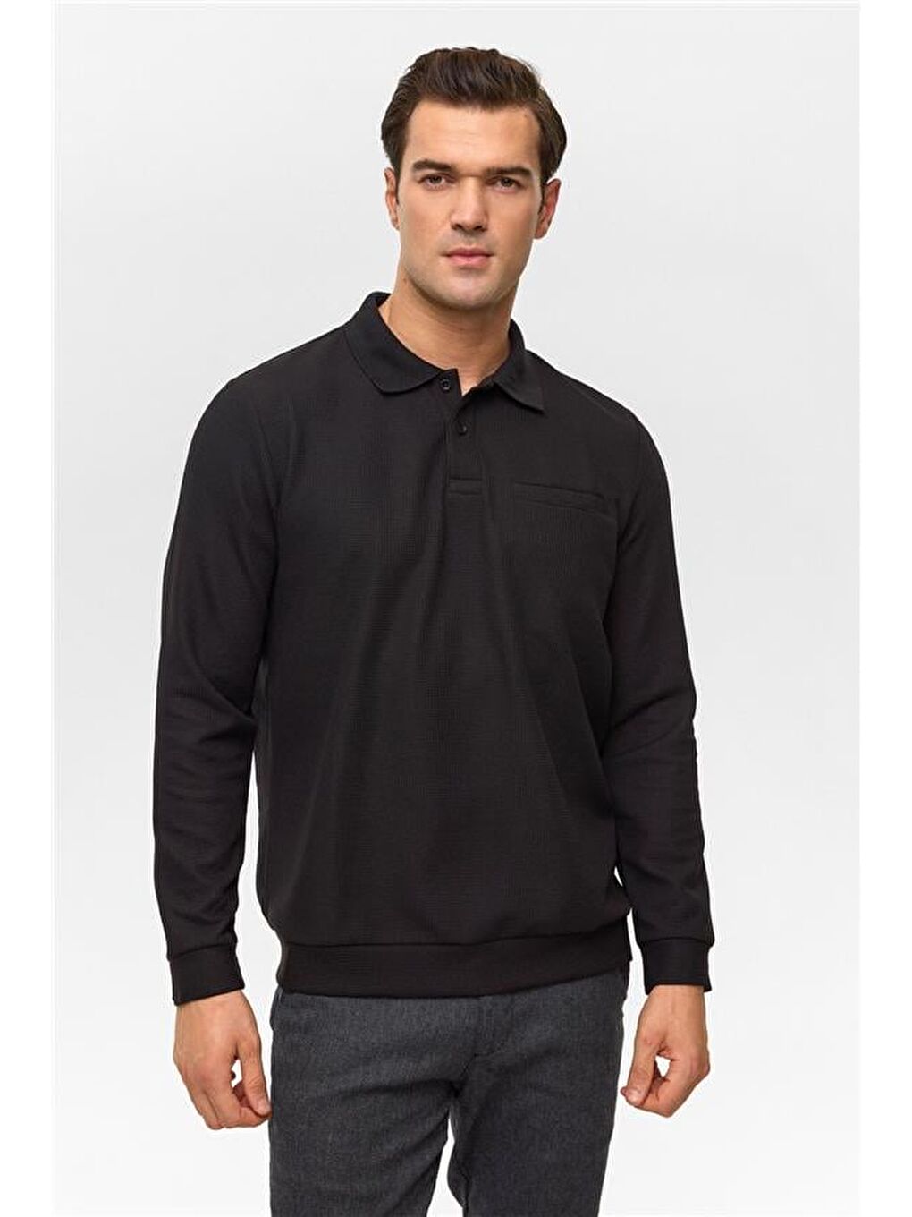 Siyah Regular Düz Polo Yaka Sweatshirt