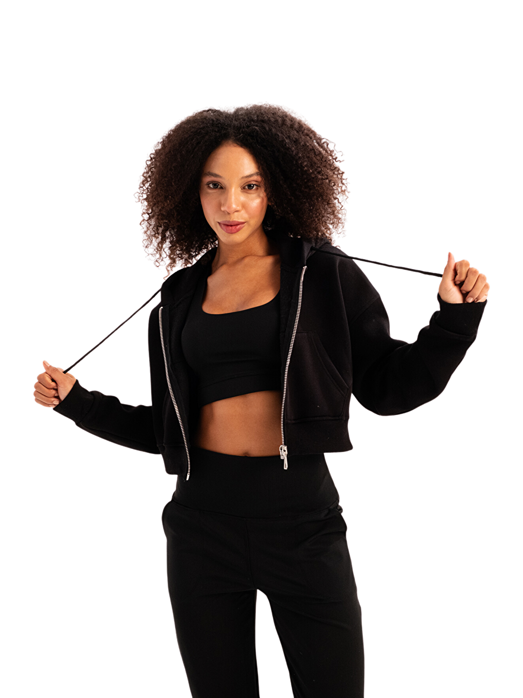 Crop Kapüşonlu Fermuarlı Kanguru Cepli Şardonlu Hoodie Kadın Sweatshirt Lumen Siyah-5