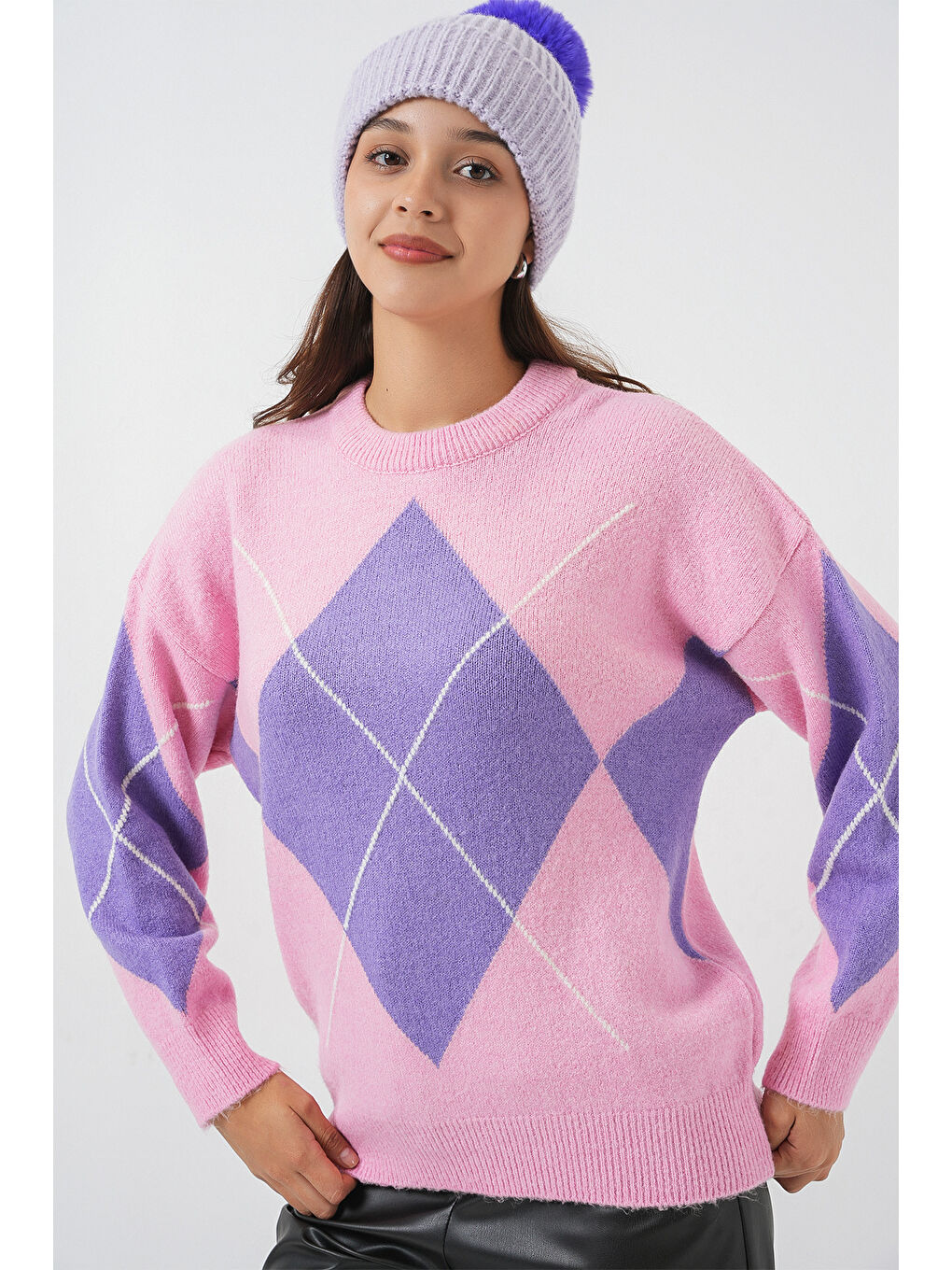 15895 Baklava Desenli Oversize Triko Kazak - Pembe-2