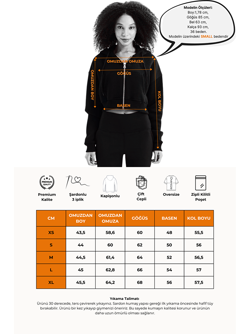Crop Kapüşonlu Fermuarlı Kanguru Cepli Şardonlu Hoodie Kadın Sweatshirt Lumen Siyah-6