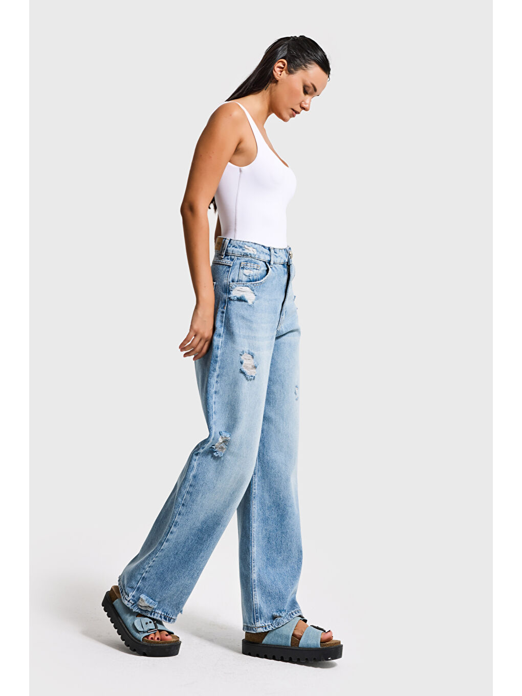 Mavi Kadın Jean Rengi 12s6-32 Mega Baggy Fit Yırtık Detaylı Denim Jean-4