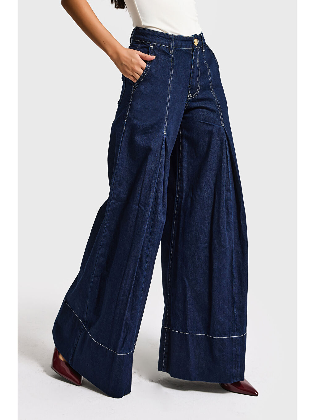Kadın İndigo Renk 7s6-50 Süper Palazzo Fit Paça Detaylı Denim Jean
