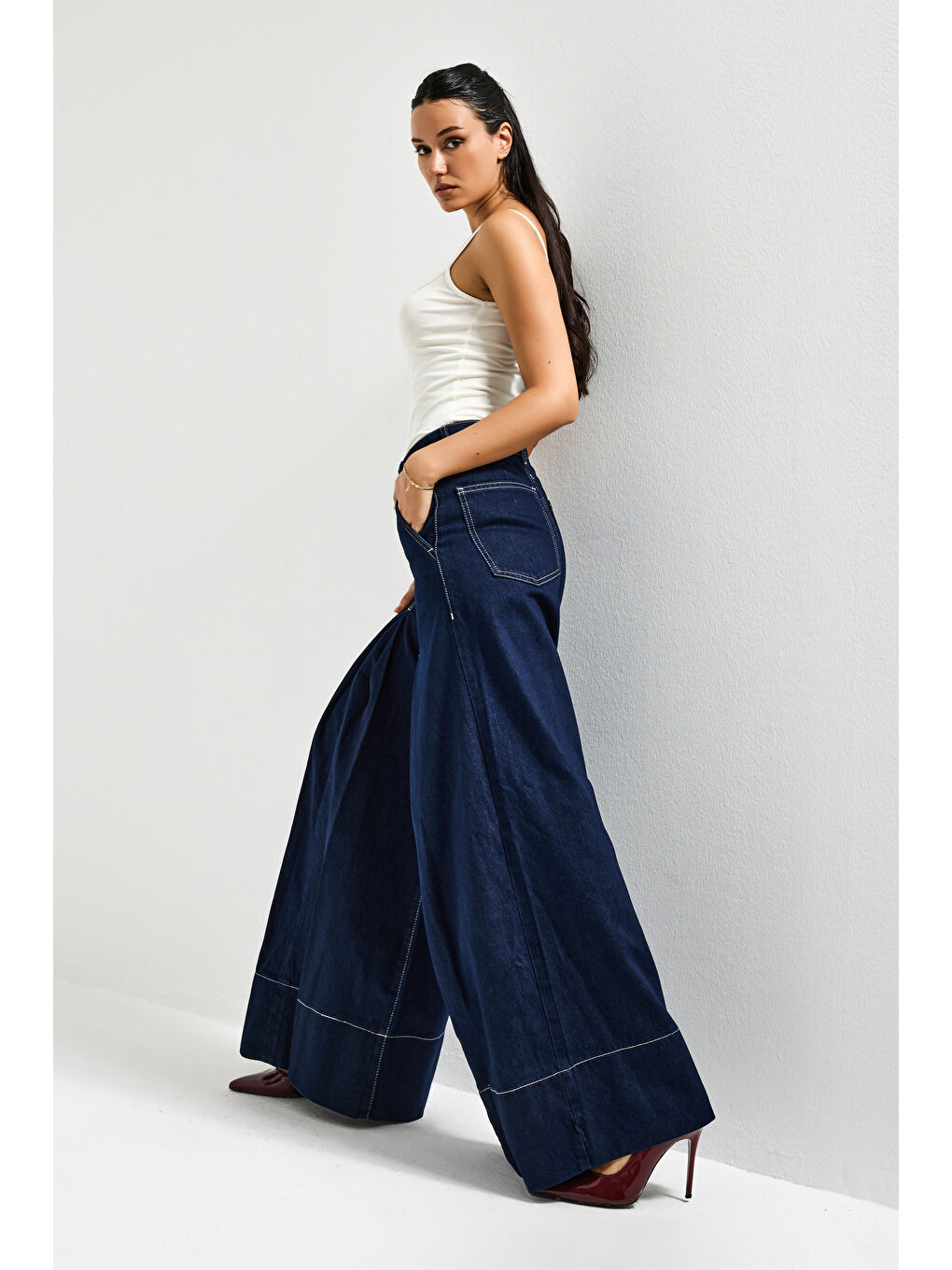 Kadın İndigo Renk 7s6-50 Süper Palazzo Fit Paça Detaylı Denim Jean-1