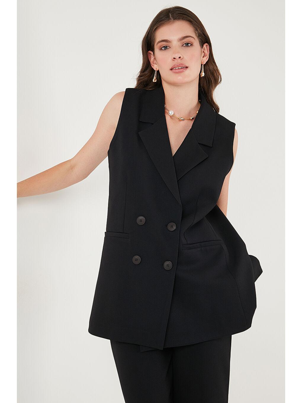 Siyah Oversize Fit Mono Yaka Kolsuz Düğmeli Kadın Ceket Yelek 6521177-4