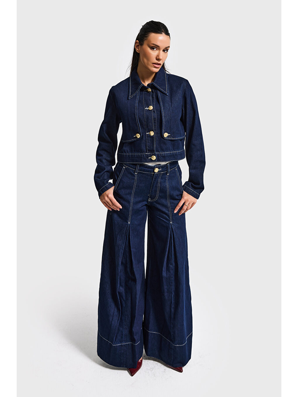 Kadın İndigo Renk 7s6-50 Süper Palazzo Fit Paça Detaylı Denim Jean-3