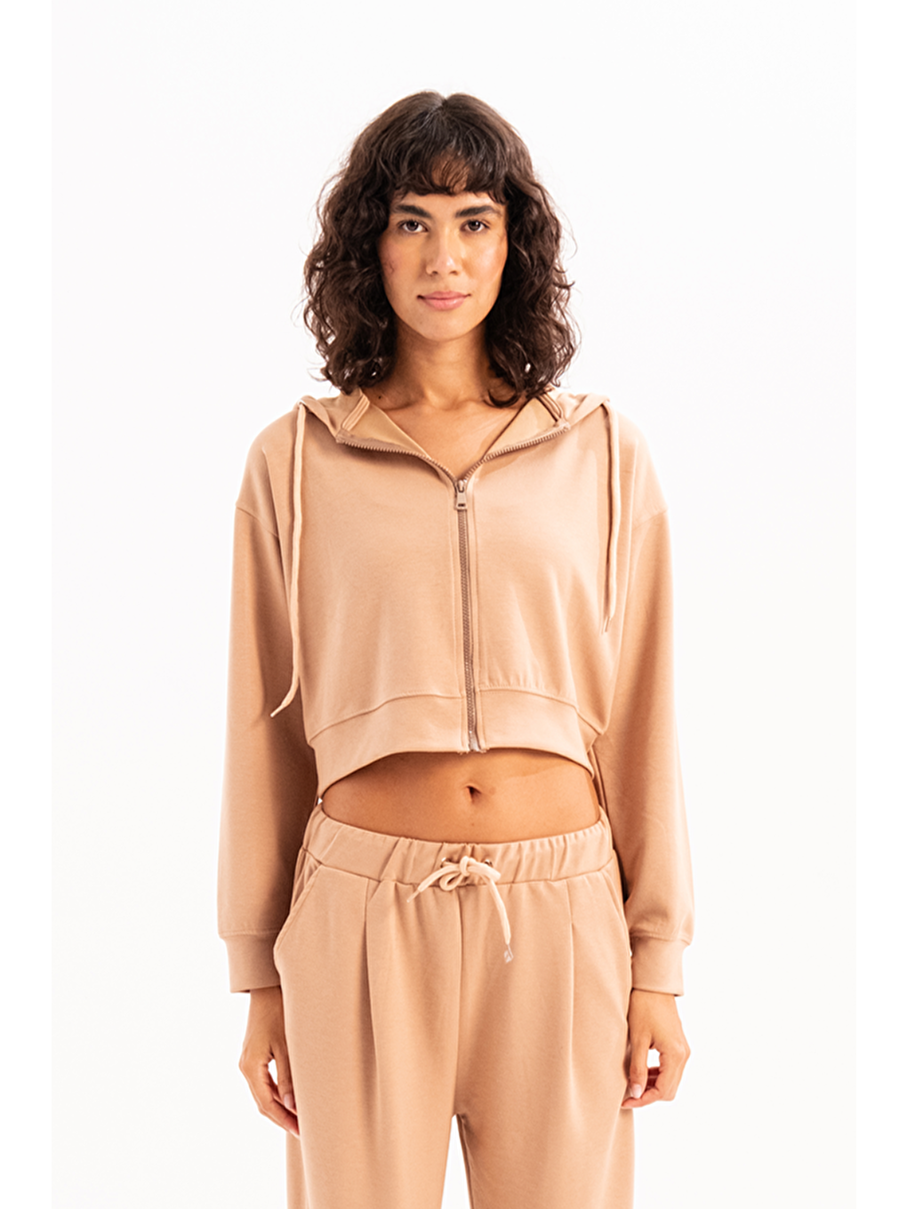 Bej Crop Kapüşonlu Fermuarlı Kadın Sweatshirt Atria Vizon-3