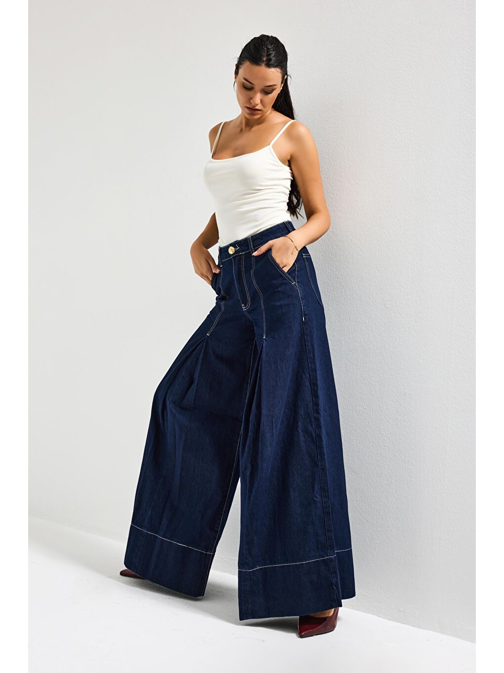 Kadın İndigo Renk 7s6-50 Süper Palazzo Fit Paça Detaylı Denim Jean-4