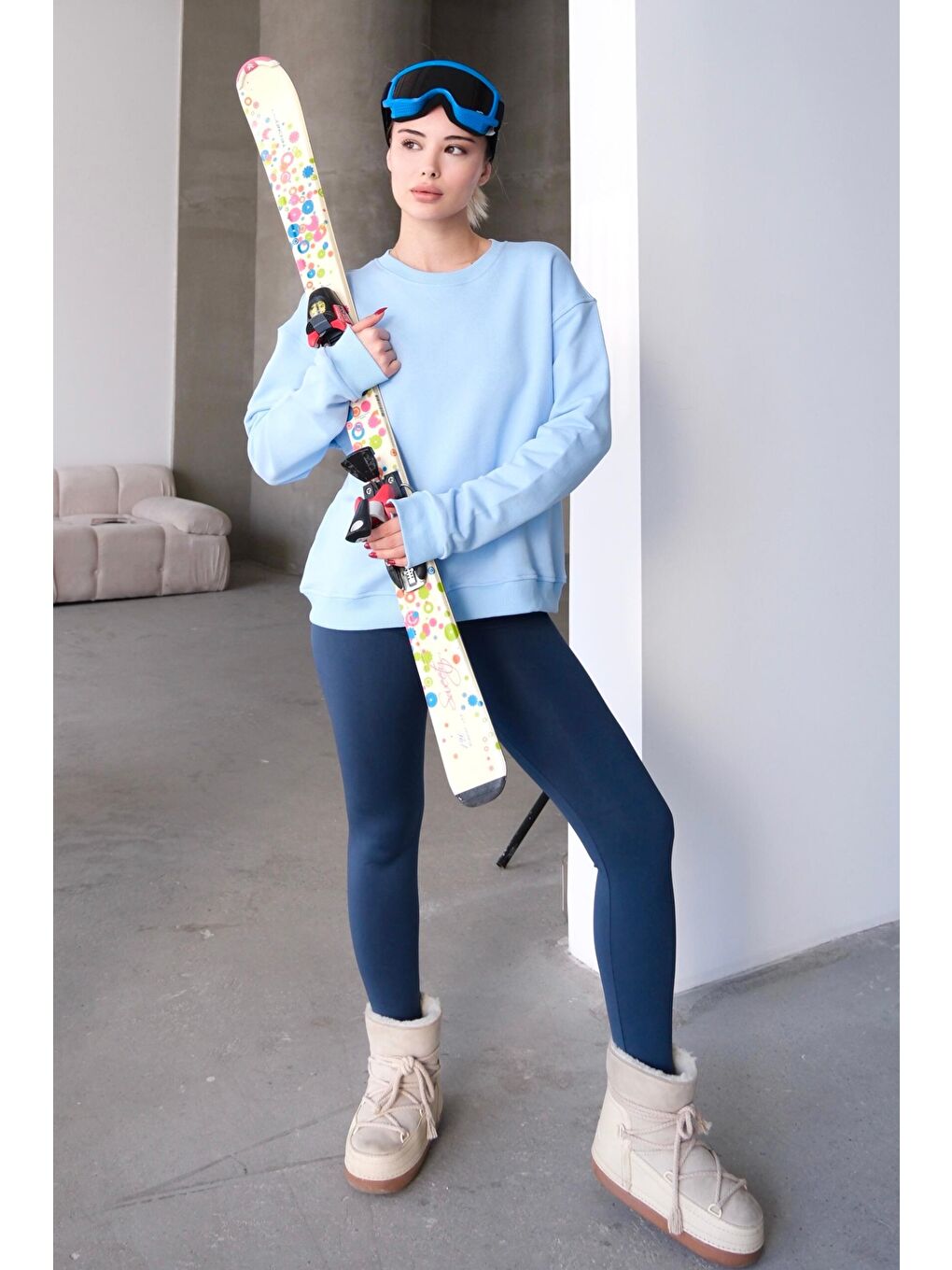 Bisiklet Yaka Basic Kalıp Kadın Sweatshirt Eşofman Üstü Aura Mavi-2