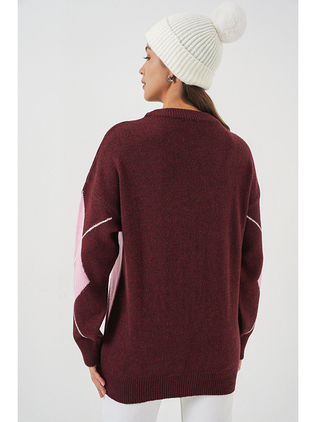 15895 Baklava Desenli Oversize Triko Kazak - Bordo-5