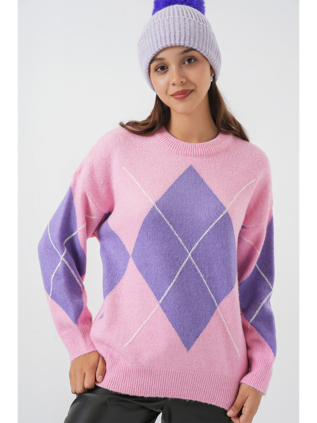 15895 Baklava Desenli Oversize Triko Kazak - Pembe-3