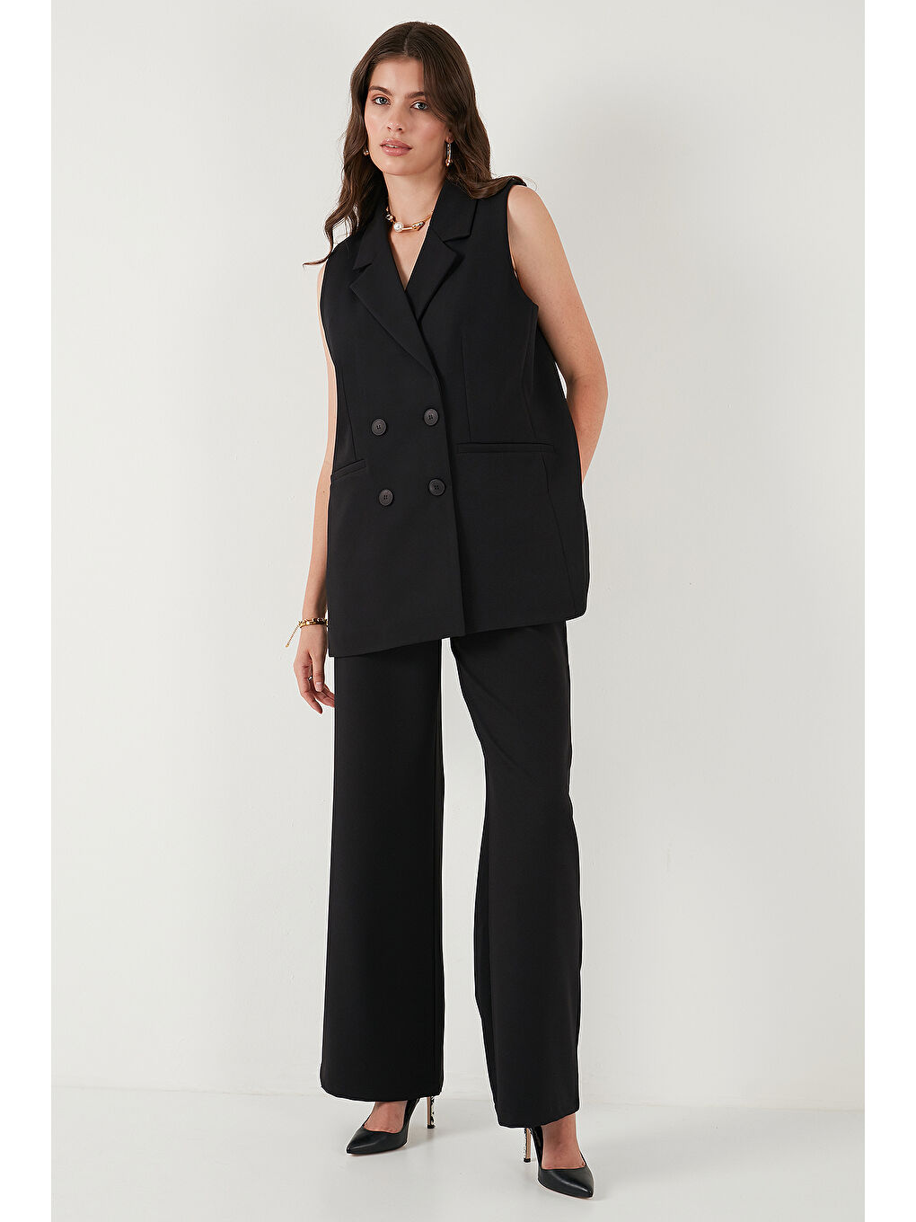 Siyah Oversize Fit Mono Yaka Kolsuz Düğmeli Kadın Ceket Yelek 6521177-5