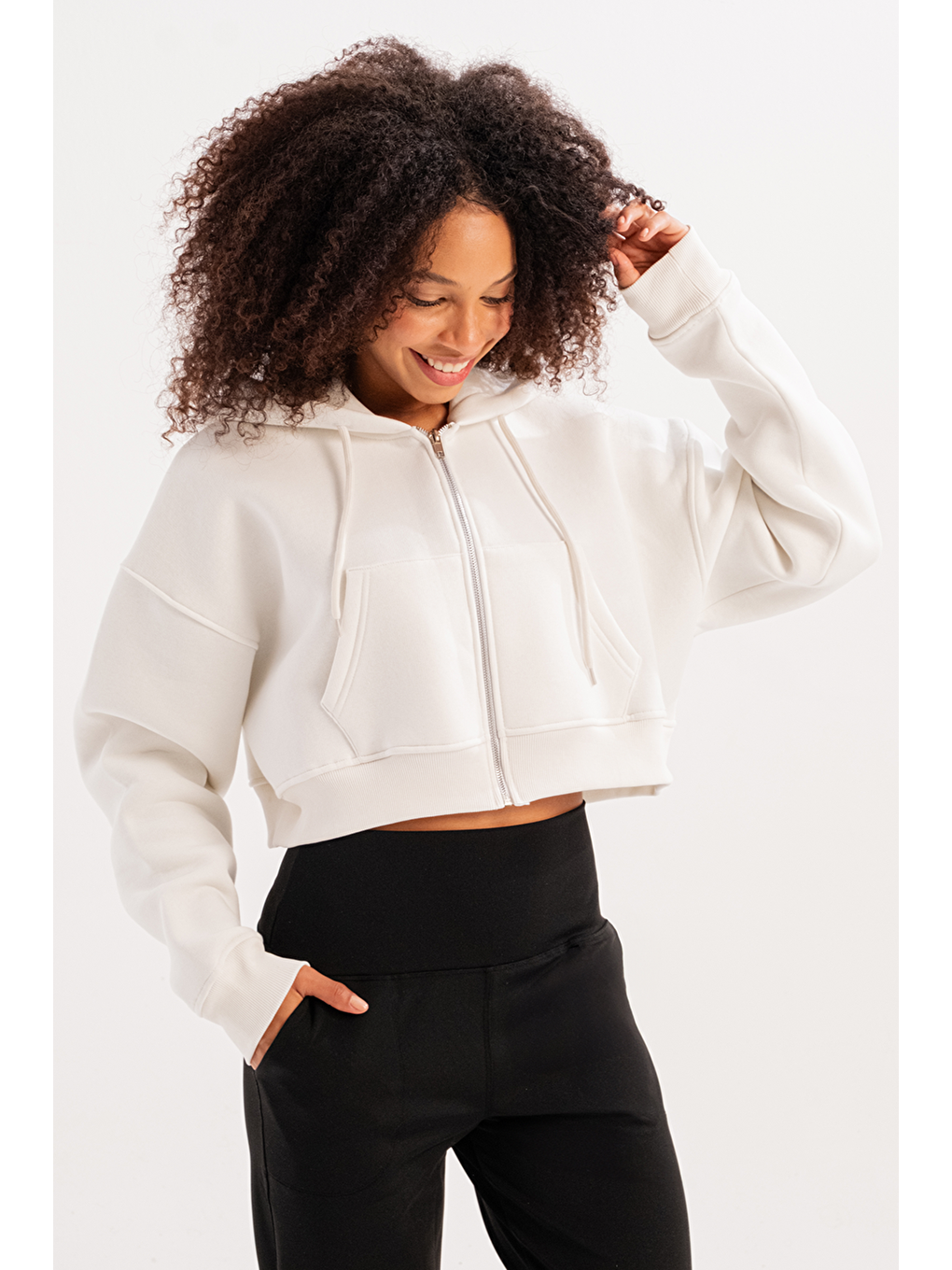 Crop Kapüşonlu Fermuarlı Kanguru Cepli Şardonlu Hoodie Kadın Sweatshirt Lumen Ekru-1