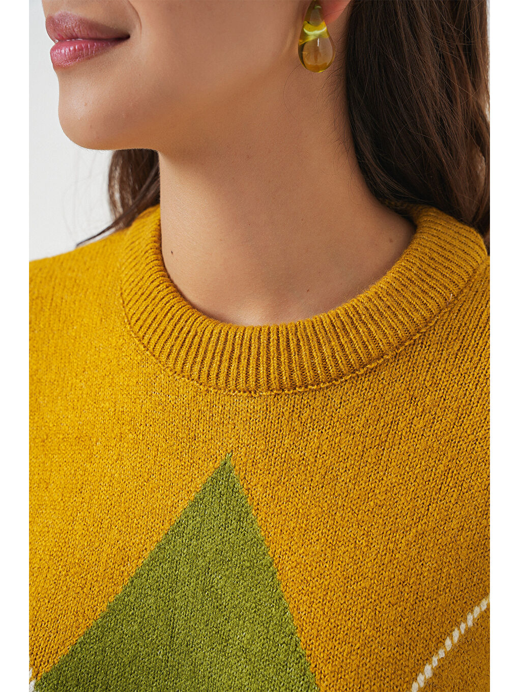 Sarı 15895 Baklava Desenli Oversize Triko Kazak - Hardal-4